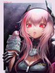  1girl absurdres artist_name breasts cleavage danielle_brindle eyebrows fang food girls_frontline highres huge_filesize ice_cream large_breasts looking_at_viewer m4_sopmod_ii_(girls_frontline) parted_lips pink_hair red_eyes solo tongue tongue_out twitter_username upper_body 