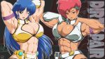  1980s_(style) 2girls abs bikini blue_hair breasts cleavage copyright_name dark_skin dirty_pair gloves headband highres kei_(dirty_pair) large_breasts long_hair multiple_girls muscle muscular_female navel oldschool purple_eyes red_hair ren_(tainca2000) short_hair single_glove swimsuit upper_body wallpaper white_bikini yellow_gloves yuri_(dirty_pair) 