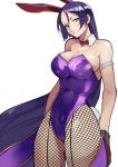  1girl 55level absurdres animal_ears bangs bare_shoulders breasts bunny_ears bunny_tail bunnysuit cleavage detached_collar fate/grand_order fate_(series) fishnet_legwear fishnets highres large_breasts leotard long_hair looking_at_viewer minamoto_no_raikou_(fate/grand_order) parted_bangs purple_eyes purple_hair simple_background solo strapless strapless_leotard tail very_long_hair white_background 