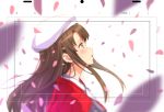  1girl alternate_hair_length alternate_hairstyle bangs beret blurry blurry_background blurry_foreground blush brown_eyes brown_hair hat highres jacket katou_megumi kazeno long_hair looking_up open_mouth petals profile red_jacket saenai_heroine_no_sodatekata solo wind 