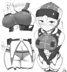  1boy 1girl alien ass blush breasts butt_crack covering covering_crotch earth_defense_force elbow_gloves embarrassed gloves helmet large_breasts maku_ro short_shorts shorts thick_thighs thighhighs thighs translated white_background wing_diver 