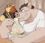  2012 anthro bodily_fluids clothing domestic_pig duo eating eyewear felid food glasses humanoid_hands kemono lion male mammal overweight overweight_male pantherine pink_body shirt sitting suid suina sus_(pig) sweat topwear train_(artist) 