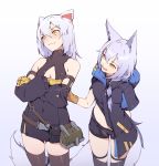  2girls animal_ears arknights blush breasts cleavage cleavage_cutout gloves implied_yuri multiple_girls nian provence_(arknights) purple_hair rat_ears scavenger_(arknights) smile tail thighhighs white_hair wolf_ears wolf_tail yellow_eyes 