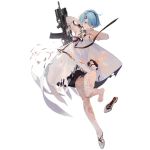  1girl ahoge alternate_costume assault_rifle bangs bare_shoulders black_hairband blue_hair broken_glass dress facing_viewer footwear_removed full_body girls_frontline glass gloves grey_eyes gun hair_between_eyes hair_ornament hair_over_one_eye hairband liquid looking_at_viewer nineo official_art rifle shoes short_hair solo standing standing_on_one_leg thighhighs torn torn_clothes torn_dress torn_legwear transparent_background weapon weapon_on_back white_dress white_footwear white_gloves white_legwear zas_m21_(girls_frontline) zastava_m21 