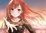  1girl arisugawa_natsuha black_eyes blush breasts brown_hair cleavage collarbone earrings evening highres idolmaster idolmaster_shiny_colors jewelry light long_hair outstretched_hand see-through sky smile solo star_(sky) starry_sky yuzuyu_(hyui) 