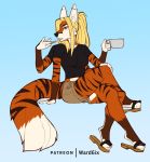  3_legs 4_arms anthro blonde_hair blue_eyes canid canine clothing ear_piercing felid feline female footwear fox hair hybrid mammal may_abbagail midriff multi_arm multi_limb multifur muzzle_feet pantherine piercing sandals solo tiger ward6ix 