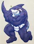  5_fingers 5_toes animal_genitalia anthro biceps black_body blush fingers fish flexing genital_slit genitals grin iriai_inasa male marine muscular muscular_male nude red_eyes scar shark sharp_teeth simple_background slit smile solo teeth toes tokyo_afterschool_summoners typhon video_games white_body 