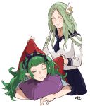  2girls alternate_costume closed_eyes fire_emblem fire_emblem:_three_houses flower green_hair hair_flower hair_ornament hairband highres long_hair long_sleeves mother_and_daughter multiple_girls pillow pointy_ears rhea_(fire_emblem) sakuuremi short_sleeves simple_background sleeping sothis_(fire_emblem) spoilers white_background 