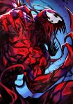  1boy blue_background bodysuit carnage_(marvel) claws fangs hankuri male_focus marvel mask muscle open_mouth sharp_teeth solo spider-man_(series) symbiote teeth 