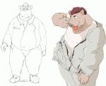  2012 anthro belly bottomwear clothing domestic_pig humanoid_hands kemono male mammal overweight overweight_male pants shirt simple_background solo suid suina sus_(pig) tongue tongue_out topwear train_(artist) white_background 