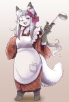  2020 anthro apron asian_clothing canid canine clothing east_asian_clothing female fox fur grey_hair hair holding_object japanese_clothing kemono kimono kitchen_utensils ladle mammal ribbons setouchi_kurage solo tools white_body white_fur 