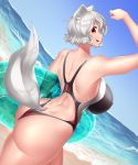  absurd_res animal_humanoid beach big_breasts big_butt breasts butt canid canid_humanoid canine canine_humanoid clothed clothing curvaceous curvy_figure day dutch_angle female fur grey_body grey_fur grey_hair hair hi_res holding_object huge_breasts humanoid light_skin looking_at_viewer looking_back mammal mammal_humanoid momiji_inubashiri monotone_hair nipple_outline one-piece_swimsuit pose raised_arm rear_view red_eyes sea seaside short_hair skimpy sky small_waist smile solo standing swim_ring swimwear thick_thighs tochinoko touhou video_games voluptuous water wide_hips wolf_humanoid 