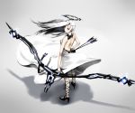  1girl arrow back black_bow black_footwear blush bow bow_(weapon) dress fairy gradient gradient_background halo high_heels highres holding holding_bow_(weapon) holding_weapon huge_weapon leiq long_hair looking_back original parted_lips pointy_ears red_eyes standing weapon white_dress white_hair 