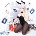  1girl ace_of_spades animal_ears azur_lane belfast_(azur_lane) black_legwear black_leotard black_neckwear bow bowtie breasts bunny_ears bunny_girl bunny_tail bunnysuit card cleavage cue_stick detached_collar dice full_body grey_eyes gs_(onsen_syndicate) highres large_breasts leotard logo long_hair looking_at_viewer oversized_object pantyhose playing_card poker_chip ponytail solo strapless strapless_leotard tail white_hair wrist_cuffs 