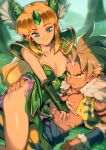  1boy 1girl ass_grab blonde_hair breasts bridal_gauntlets cleavage hand_on_own_chest kevin_(seiken_densetsu_3) looking_at_viewer lying on_back optionaltypo pointy_ears revision riesz seiken_densetsu seiken_densetsu_3 shoulder_armor smile winged_hair_ornament 