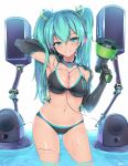  1girl alternate_costume aqua_eyes aqua_hair arm_up armpits ass_visible_through_thighs bangs bikini bikini_tan blush breasts commentary eyebrows_visible_through_hair grin hair_ornament halterneck hatsune_miku headphones headset highres holding_megaphone kasai_shin large_breasts long_hair looking_at_viewer megaphone navel shrug_(clothing) simple_background skindentation smile solo speaker string_bikini swimsuit tan tanline twintails very_long_hair vocaloid wading water water_drop wet 