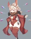  2020 4_fingers breasts cheek_tuft clothed clothing facial_tuft fema fingers flyer_(pixiv) fur fur_tuft grey_background hair hand_on_hip hi_res legwear looking_at_viewer mammal red_eyes simple_background solo tuft 