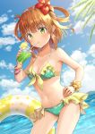  1girl bangs bikini blue_sky blush bracelet breasts cloud day drink drinking drinking_straw eyebrows_visible_through_hair flower food fruit glass green_bikini green_eyes hair_flower hair_ornament hirokazu_(analysis-depth) inosaki_rino jewelry lemon lemon_slice looking_at_viewer medium_breasts navel ocean orange_hair princess_connect! princess_connect!_re:dive scrunchie sky solo swimsuit wrist_scrunchie yellow_scrunchie 