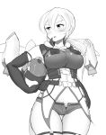  1girl breasts carrying_under_arm earth_defense_force elbow_gloves gloves greyscale headwear_removed helmet helmet_removed jetpack large_breasts long_hair maku_ro monochrome short_shorts shorts solo thick_thighs thighs twintails white_background wing_diver 