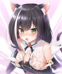  1girl animal_ear_fluff animal_ears areolae black_hair blush breasts cat_ears cat_tail commentary_request eyebrows_visible_through_hair fang green_eyes highres kyaru_(princess_connect) long_hair looking_at_viewer low_twintails medium_breasts multicolored_hair open_mouth princess_connect! princess_connect!_re:dive qinshi-ji solo streaked_hair tail torn_clothes twintails upper_body white_hair 