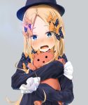  1girl abigail_williams_(fate/grand_order) bangs black_bow black_dress black_headwear blonde_hair blue_eyes blush bow breasts dress fate/grand_order fate_(series) forehead grey_background hair_bow hat highres long_hair multiple_bows open_mouth orange_bow parted_bangs polka_dot polka_dot_bow sakazakinchan simple_background sleeves_past_fingers sleeves_past_wrists small_breasts solo stuffed_animal stuffed_toy teddy_bear 