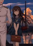  1boy 1girl admiral_(kantai_collection) akagi_(kantai_collection) bag bangs blush boat brown_eyes brown_hair closed_mouth cloud collarbone commentary_request epaulettes eyebrows_visible_through_hair hand_on_another&#039;s_shoulder handbag highres i-class_destroyer ichikawa_feesu kantai_collection kneehighs long_hair long_sleeves looking_at_another military military_uniform naval_uniform neckerchief outdoors pleated_skirt reflection sailor_collar school_bag school_uniform serafuku shirt short_sleeves skirt sky smile standing sunset uniform water watercraft white_neckwear younger 