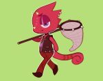  2020 animal_crossing anthro butterfly_net chameleon clothed clothing flick_(animal_crossing) frown fuwoops green_background half-closed_eyes hand_behind_back hi_res holding_object horn jacket leather leather_jacket lizard looking_at_viewer male narrowed_eyes nintendo outline piercing purple_eyes red_body reptile scalie simple_background solo topwear video_games walking yellow_horn 