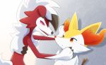  2020 anthro braixen cheek_tuft chest_tuft claws duo facial_tuft finger_claws floppy_ears fur fur_tuft inner_ear_fluff kemonobito looking_at_another lycanroc midnight_lycanroc nintendo open_mouth pok&eacute;mon pok&eacute;mon_(species) red_body red_ears red_fur tuft video_games white_body white_fur yellow_ears 