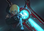  1boy absurdres blonde_hair blue_eyes commentary_request dark energy_sword fixro2n glowing glowing_weapon highres holding holding_sword holding_weapon long_sleeves male_focus monado shulk solo sword weapon xenoblade_(series) xenoblade_1 