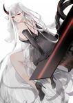  1girl aircraft_carrier_hime back black_dress black_footwear black_gloves demon_horn dress elbow_gloves gloves high_heels horn kantai_collection lips long_hair looking_at_viewer nello_(luminous_darkness) red_eyes shinkaisei-kan shoes silver_hair sitting solo tagme thighhighs white_background white_hair white_legwear 