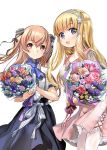  2girls bangs black_ribbon blonde_hair blush bouquet breasts brown_eyes closed_mouth commentary_request double_bun eyebrows_visible_through_hair fletcher_(kantai_collection) flower hair_ornament hair_ribbon hairband holding holding_bouquet johnston_(kantai_collection) kantai_collection large_breasts light_brown_hair long_hair looking_at_viewer medium_breasts multiple_girls neckerchief official_art open_mouth purple_eyes ribbon shirt short_sleeves simple_background skirt smile star star_hair_ornament twintails two_side_up white_background white_legwear white_ribbon zeco 