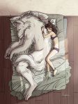  2012 anklet anthro bed beekakke bra canid canine clothing cuddling duo female female_on_anthro furniture human human_on_anthro interspecies jewelry lying male male/female mammal nude on_side panties romantic_ambiance romantic_couple size_difference sleeping smaller_female spooning underwear were werecanid werecanine werewolf 