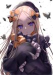  1girl abigail_williams_(fate/grand_order) bangs black_bow black_dress black_headwear blonde_hair blue_eyes bow breasts bug butterfly closed_mouth dress fate/grand_order fate_(series) forehead hair_bow hat highres insect long_hair looking_at_viewer multiple_bows orange_bow parted_bangs polka_dot polka_dot_bow rinmel9 simple_background sleeves_past_fingers sleeves_past_wrists small_breasts solo white_background 