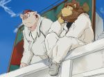  2012 anthro belly bottomwear clothing domestic_pig duo felid kemono lion male mammal outside overweight overweight_male pantherine pants shirt sitting suid suina sus_(pig) topwear train_(artist) 