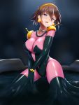  1girl absurdres blue_eyes bodysuit breasts brown_hair elbow_gloves g_gundam gloves gundam guxu hairband highres mobile_trace_suit pink_bodysuit rain_mikamura short_hair skin_tight solo 