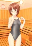  1girl absurdres asics ass_visible_through_thighs bench breasts brown_eyes brown_hair bucket commentary_request competition_swimsuit cowboy_shot girls_und_panzer grey_swimsuit highres indoors logo looking_to_the_side nishizumi_miho one-piece_swimsuit parted_lips sauna short_hair small_breasts solo standing swimsuit takafumi wooden_bucket wooden_floor wooden_wall 