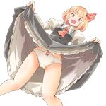  1girl arnest ascot black_skirt blonde_hair blush commentary_request fang hair_ribbon highres lifted_by_self long_sleeves looking_at_viewer open_mouth panties puffy_long_sleeves puffy_sleeves red_eyes red_neckwear red_ribbon ribbon rumia short_hair simple_background skirt skirt_lift smile solo standing thighs touhou underwear white_background white_panties 