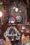  1girl absurdres alternate_costume blue_hair book clock commentary dress english_commentary flower frilled_dress frills highres hood hood_up indoors lantern leadin_the_sky nail_polish pantyhose purple_eyes reading shima_rin short_hair sitting solo yurucamp 