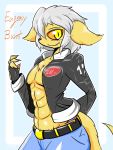  3:4 anthro basitin big_ears blush bottomwear chibi clothing gloves hair handwear heterochromia invalid_tag jacket jeans leather leather_gloves leather_jacket male pants silver_hair solo tongue topwear twokinds unknown_artist webcomic 