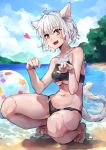 1girl absurdres animal_ears ball beachball breasts cat_ears cat_tail curly_hair fang feet full_body heart highres hunter_x_hunter medium_breasts mr.lime navel neferpitou ocean open_mouth red_eyes short_hair sky slit_pupils solo swimsuit tail underboob wavy_mouth white_hair 