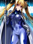  1girl blonde_hair blue_bodysuit bodysuit commentary_request contrapposto cowboy_shot fate_testarossa highres latex_bodysuit long_hair looking_at_viewer lyrical_nanoha mahou_shoujo_lyrical_nanoha_strikers numbers_(nanoha) polearm red_eyes revision sen_(sansui) shiny shiny_clothes skin_tight solo standing twintails weapon 