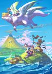  3boys 3girls absurdres angela_(seiken_densetsu_3) bird charlotte_(seiken_densetsu_3) cloud diving_mask dragon duran_(seiken_densetsu_3) flag flammie flying haccan hawkeye_(seiken_densetsu_3) highres island kevin_(seiken_densetsu_3) multiple_boys multiple_girls ocean official_art riding riesz seagull seiken_densetsu seiken_densetsu_3 sitting swimming turtle volcano vuscav waving 