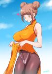  1girl artist_name bangs bare_arms bare_shoulders blue_sky blunt_bangs blush breasts brown_eyes brown_hair brown_legwear china_dress chinese_clothes cloud commentary_request cowboy_shot crotch_seam day double_bun dress dress_lift eyebrows_visible_through_hair healin&#039;_good_precure highleg highleg_panties hiramitsu_hinata joy_ride large_breasts lifted_by_self looking_away looking_down orange_dress outdoors panties panties_under_pantyhose pantyhose parted_lips pelvic_curtain precure short_hair sidelocks sky sleeveless sleeveless_dress solo sparkle underwear white_panties 