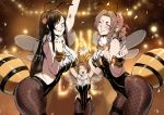  3girls aerith_gainsborough antennae arm_up arms_up bee_costume black_hair blurry blurry_background blush braid braided_ponytail breasts brown_hair cleavage confetti fake_antennae fake_wings final_fantasy final_fantasy_vii final_fantasy_vii_remake fishnet_legwear fishnets flower hair_flower hair_ornament insect_wings jessie_rasberry leotard looking_at_viewer multiple_girls nanaya_(daaijianglin) pantyhose ponytail smile stinger tifa_lockhart wings wrist_cuffs 