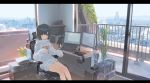  1girl :3 balcony black_hair blush brown_eyes building chair city cityscape closed_mouth cloud computer computer_tower desk drawing_tablet fan file_cabinet foliage glass_door headphones holding holding_pen indoors izumi_sai keyboard_(computer) legs letterboxed long_sleeves looking_at_viewer monitor mountainous_horizon no_pants office_chair original paper paper_stack pen plant potted_plant scenery short_hair sky skyscraper smile solo white_hoodie 