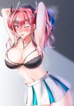  1girl ;d armpits arms_up azur_lane bangs bare_shoulders black_bra blush bra breasts bremerton_(azur_lane) bremerton_(scorching-hot_training)_(azur_lane) cleavage collarbone commentary_request cowboy_shot crossed_bangs ear_piercing eyebrows_visible_through_hair glint gradient gradient_background green_skirt grey_background grey_hair hair_between_eyes hair_intakes hair_ornament hairclip heart heart_necklace highres large_breasts long_hair looking_at_viewer midriff misono_thiaki mole mole_on_breast mole_under_eye multicolored_hair navel navel_piercing nose_blush one_eye_closed open_mouth piercing pink_eyes pink_hair shirt shirt_removed sidelocks signature skirt sleeveless sleeveless_shirt smile solo sportswear standing steam streaked_hair sweat tennis_uniform tongue twintails two-tone_hair two-tone_shirt two-tone_skirt underwear undressing white_shirt white_skirt x_hair_ornament 