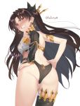  1girl angry armlet ass asymmetrical_legwear asymmetrical_sleeves back bangs black_bow black_hair black_legwear black_panties blush bow crown detached_sleeves earrings elbow_gloves fate/grand_order fate_(series) gloves gold_trim hair_bow hands_on_hips highres hoop_earrings ishtar_(fate)_(all) ishtar_(fate/grand_order) jewelry kabocha_(monkey4) looking_at_viewer looking_back neck_ring panties parted_bangs red_eyes signature simple_background single_detached_sleeve single_elbow_glove single_sleeve single_thighhigh solo teeth thighhighs tiara two_side_up underwear white_background 