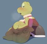  2020 absurd_res anthro anus blush bodily_fluids breasts butt clothing digital_media_(artwork) female genital_fluids genitals half-closed_eyes hi_res koopa koopa_troopa looking_at_viewer looking_back mario_bros narrowed_eyes nintendo open_mouth presenting presenting_anus presenting_hindquarters presenting_pussy puffy_anus pussy pussy_juice reptile scalie shell shell-less short_stack simple_background solo somescrub sweat video_games 