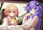  2girls blush braid breasts compa eyebrows_visible_through_hair food hair_between_eyes hair_ornament highres looking_at_viewer multiple_girls neptune_(series) novus_rue open_mouth pink_hair power_symbol pudding purple_hair purple_heart smile symbol-shaped_pupils turtleneck twin_braids younger 