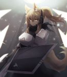  1girl alder animal_ear_fluff animal_ears arknights armor bangs blonde_hair breastplate commentary_request hair_between_eyes headphones headset highres large_tail light_particles long_hair looking_at_viewer nearl_(arknights) pauldrons ponytail shield smile solo tail upper_body yellow_eyes 